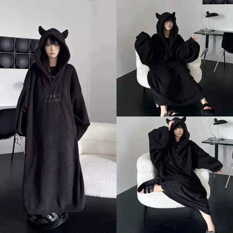 

Autumn Winter Thickened Padded Pajamas Solid Color Homewear Loose Oversized Hooded Dresses Imp Couple Robe One Piece Sleepwear