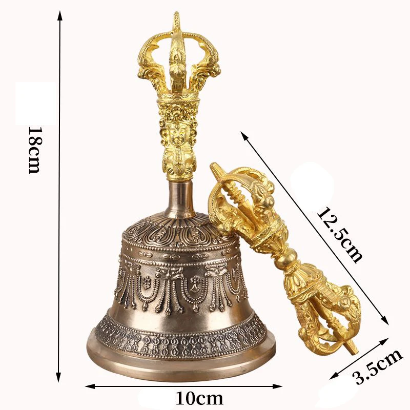 10cm Large Tibetan Bells Gold Nepal Handmade Carved Brass Vajra Bell Pestle Buddhism Meditation Chimes Sound Healing Ornaments