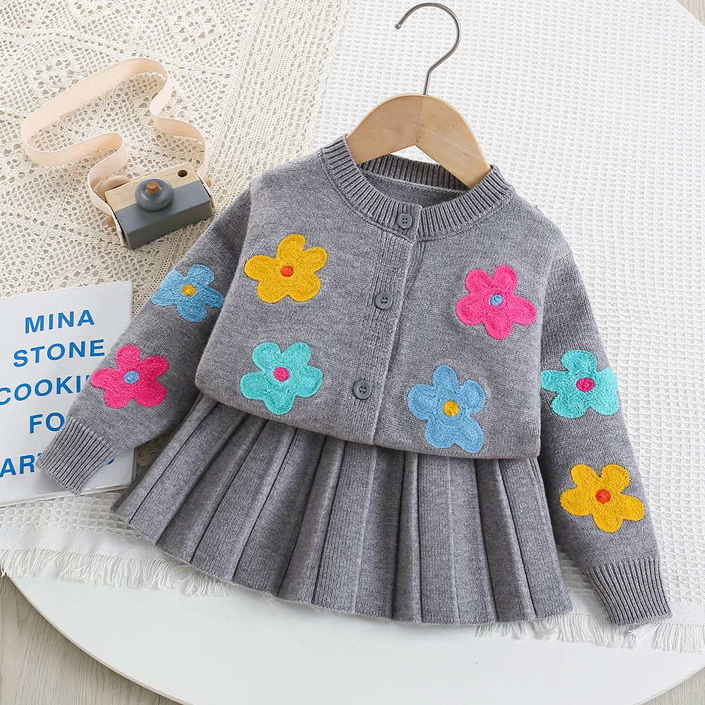 

2025 Autumn Winter Kids' Clothes Sweater Sets Girls Colorful Flowers Knit Cardigan+Skirt Children Two Piece Set Casual Outfit