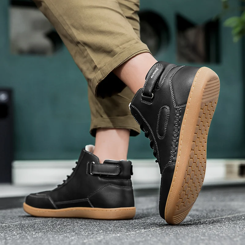 Top Barefoot Shoes Mens Wide Toe Ankle Boots Outdoor Non-Slip Artificial Leather Shoes Zero Drop Lace Up Outdoor Walking Shoes