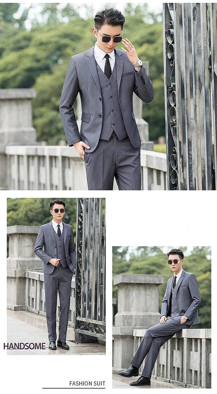 S-6XL (Blazer+ Vest+ Pants ) Men Business Formal Suit Slim Elegant 3-piece Set Black Navy Blue Wine Red Gray Suits Wedding