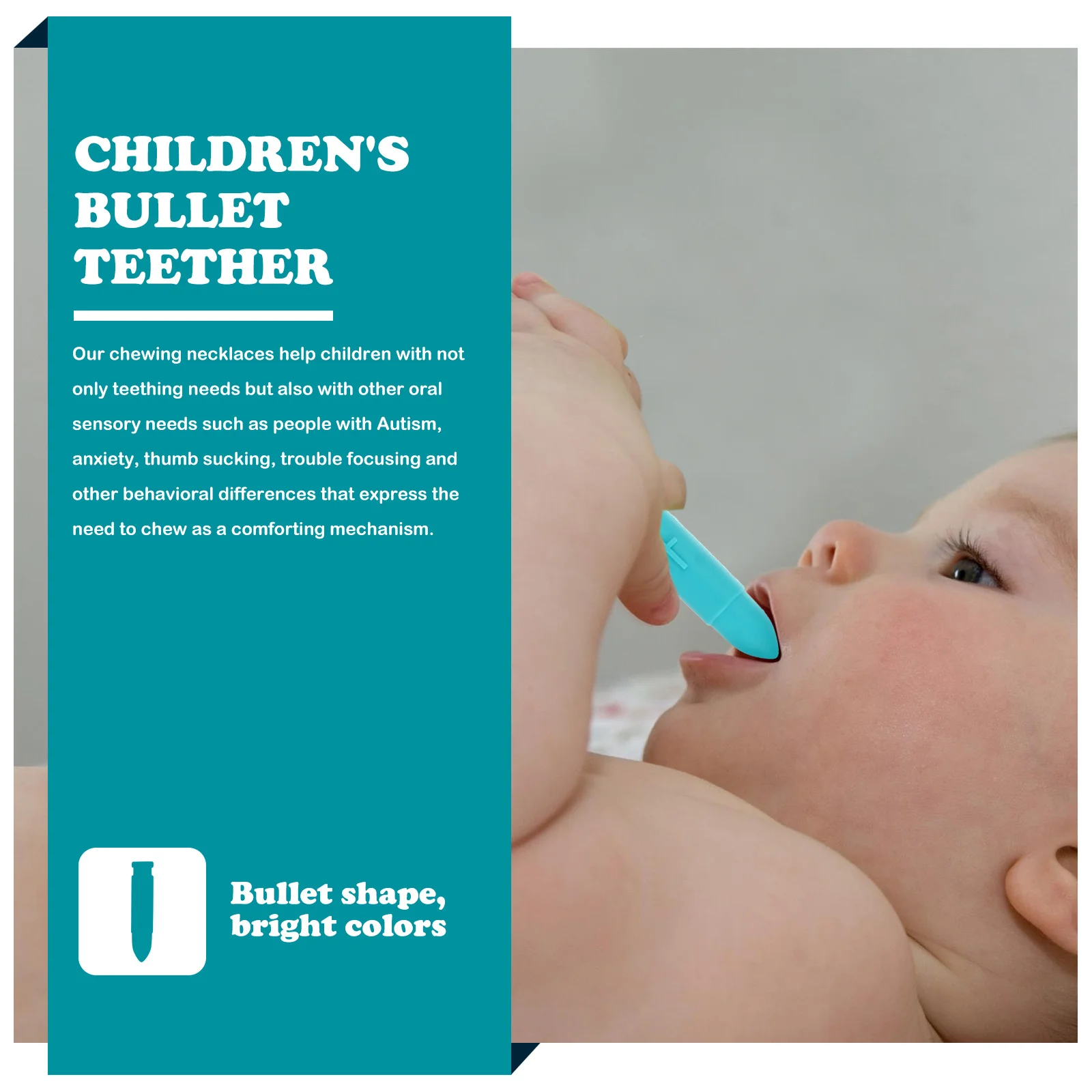 

Сенсорное жевательное ожерелье, кулон-пуля, силиконовое успокаивающее ожерелье для прорезывания зубов для аутизма, тревоги, сосания большого пальца