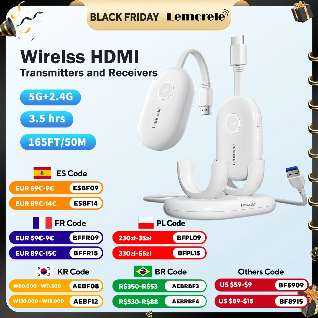 

Lemorele Wireless HDMI Transmitter and Receiver Plug＆Play Video Transceiver With 2000mAh Battery for Laptop Projector Monitor