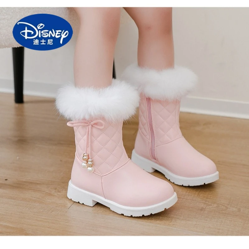 

Зимние сапоги Disney 2025 для девочек | Зимние сапоги из кроличьего меха | Кожаные сапоги принцессы до середины икры для детей и больших девочек