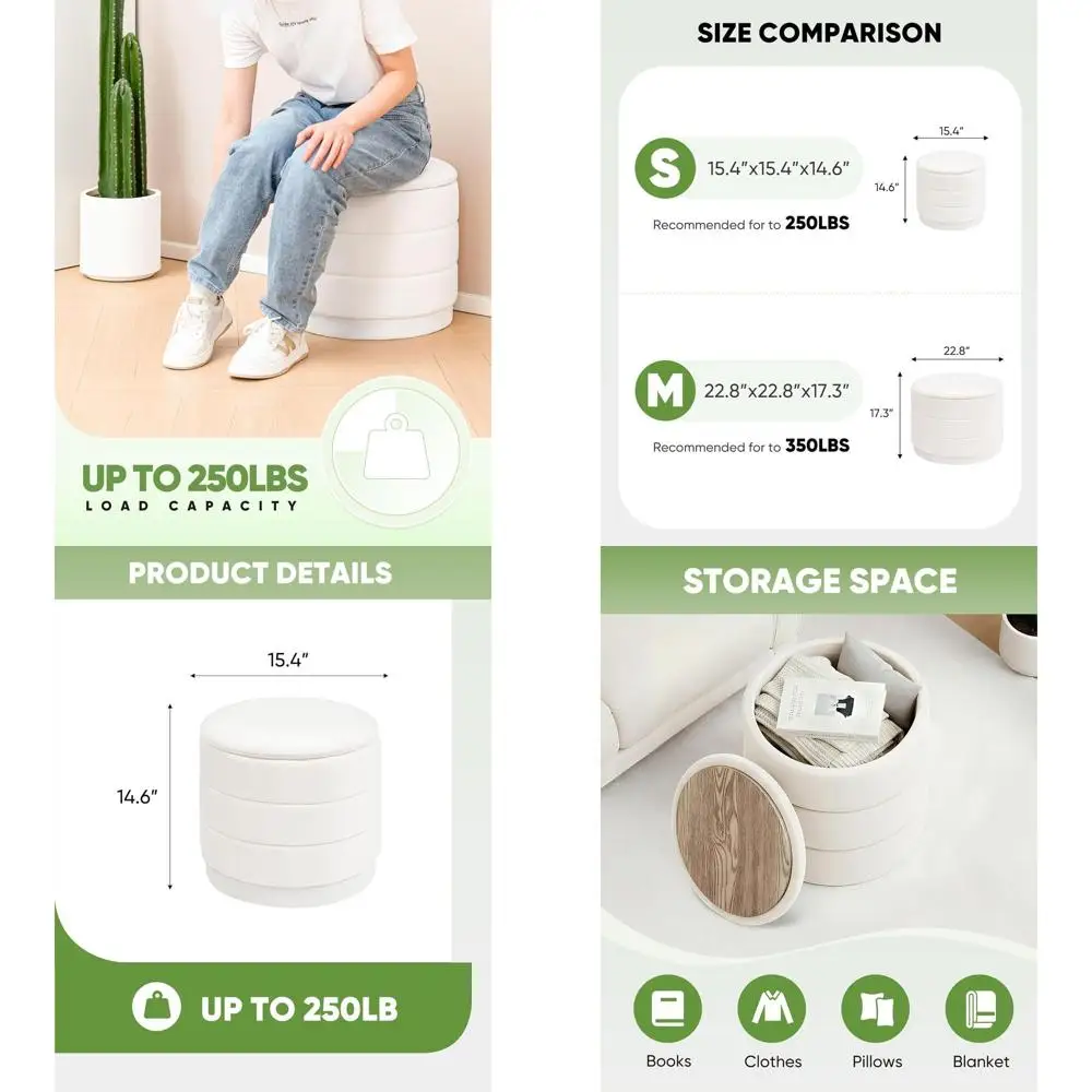 

Круглый бархатный пуф-оттоманка с подносом, многофункциональный пуф для гостиной или общежития, белый, 15.35x15.35x14.57