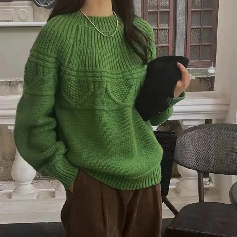 

Толстый вязаный пуловер с круглым вырезом, женский свитер, осень-зима 2023, новый свободный вязаный свитер в ленивом стиле, художественный ретро-вязаный свитер Wom