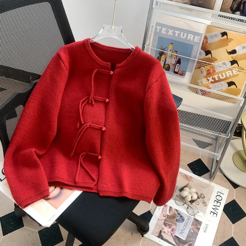 

Hsa New Year Red New Chinese Style Disc Button Sweater Cardigan Women‘’s Autumn and Winter New Popular Chinese New Year Clothes