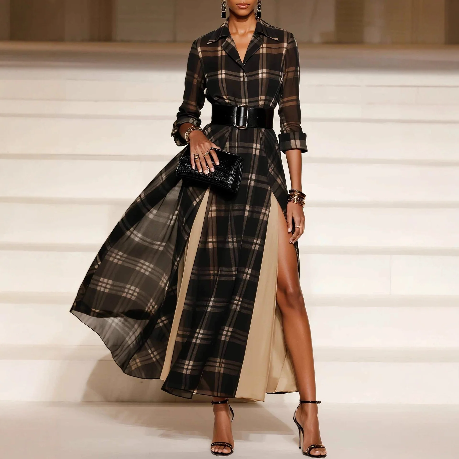 

Women's Lapel Shirts Dress Retro Hepburn Style Long Sleeves Grid Stripe Dress Casual Going Out A-Line Long Dress for Spring