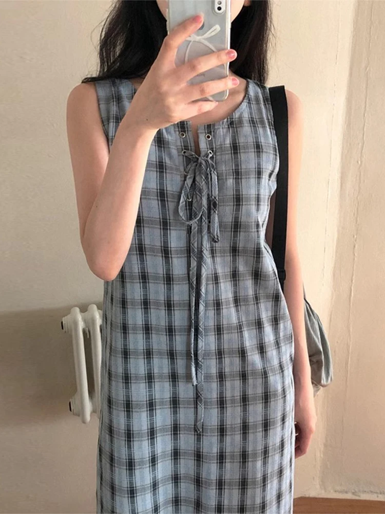 Chic Summer Vintage round Neck Cross Belt Design Loose Casual Plaid Vest Dress Women's Fashion Commute Style No Brand Registered