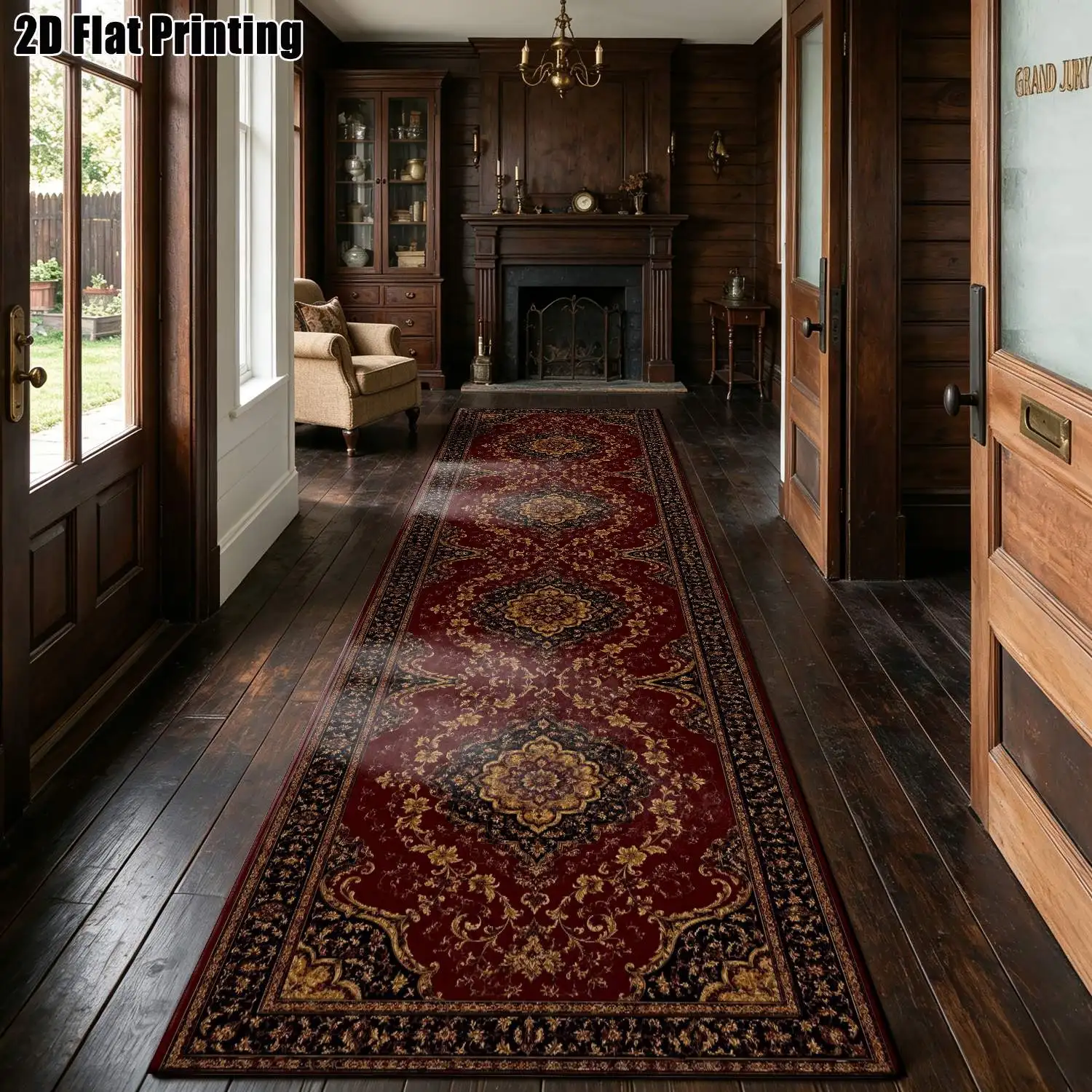 1Pc 2D Printed Long Strip Runner Carpet: Retro Geometric Red Base, Bohemian/European Style, Machine Washable, Multiple Sizes, Ideal for Entrance, Hallway, Bedroom, Kitchen Home Decor
