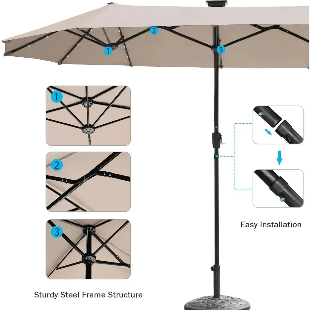 Patio Umbrella, 13FT Double-Sided Patio Umbrellas, with 32 LED Lights, with Crank, with Solar Lights, Patio Umbrella