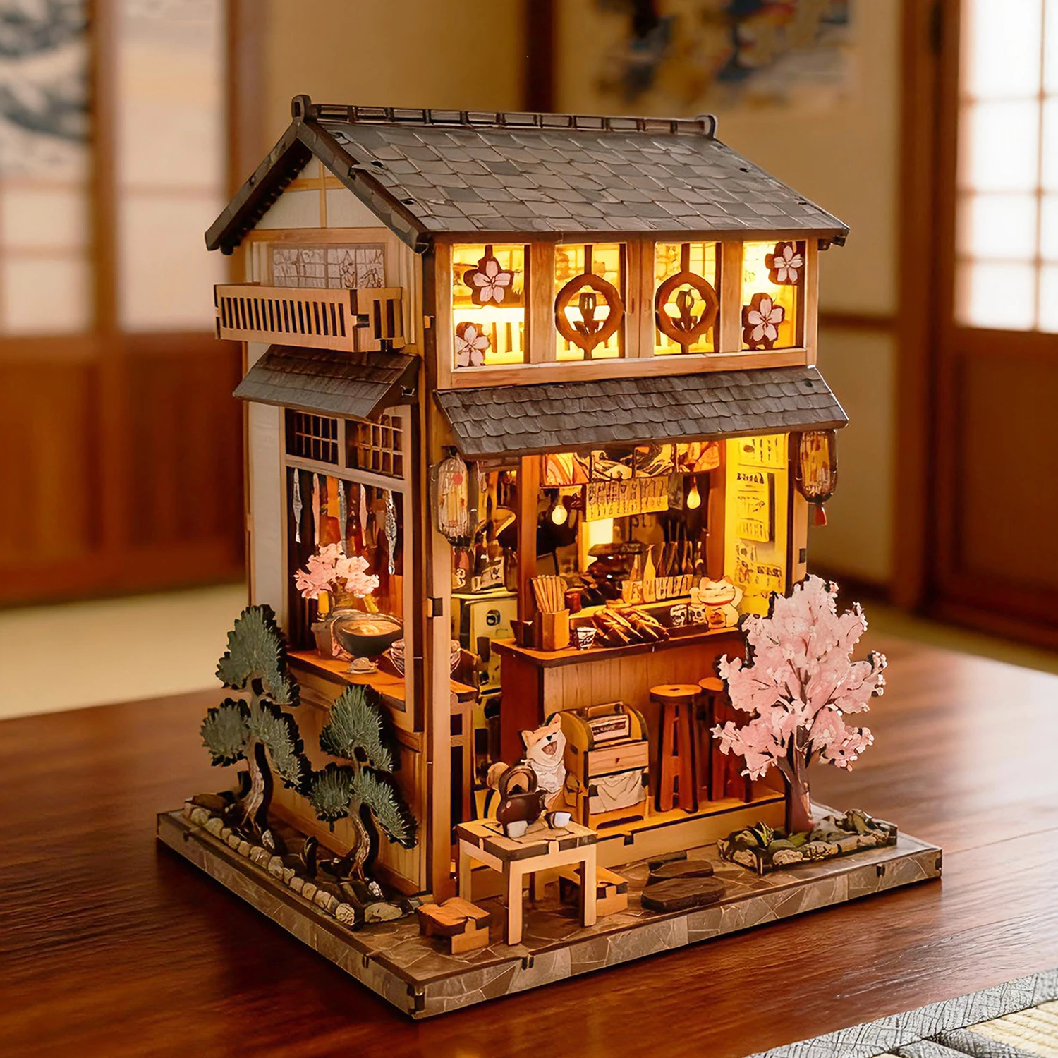 

DIY деревянный японский ресторан Yakitori Casa, наборы миниатюрных моделей, кукольный домик с мебелью, подсветка для друзей, подарки на день рождения