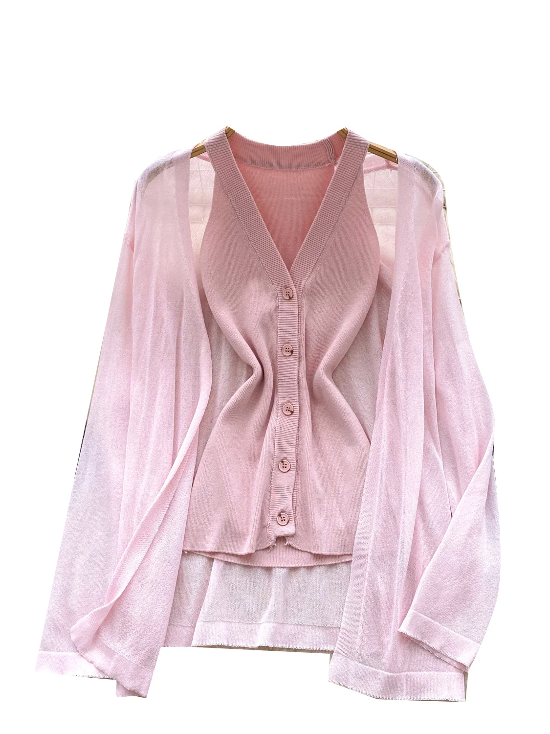 Conjunto de Cseta de Proteção Solar de Tecido Fino com Colete de Malha Sem Mangas de Verão para Mulheres com Design ma...