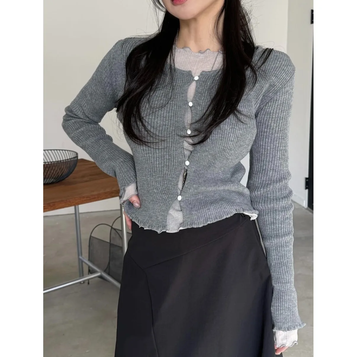 

Стильный женский кардиган на одной пуговице, весна 2026, сетчатая версия, с длинными рукавами, открытый спереди, в корейском стиле, стандартный крой