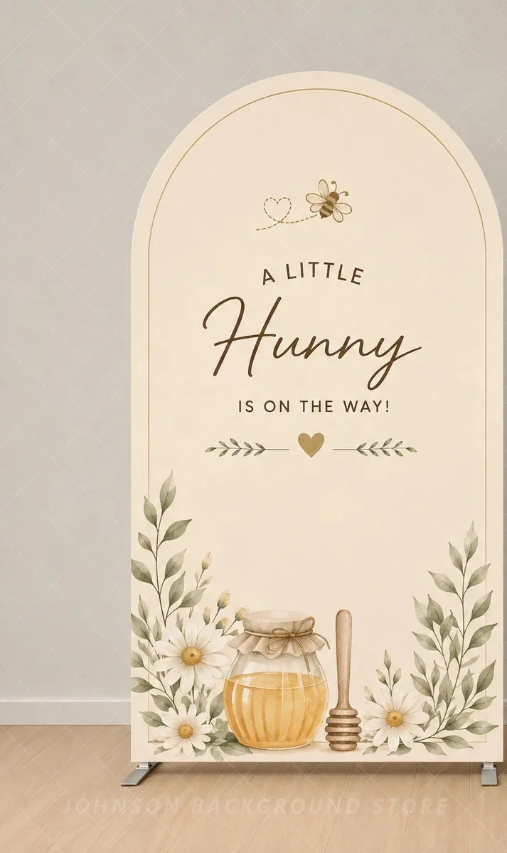 A Little Hunny Daisy Double Arch Backdrop Cover Honey Bee Honeycomb Daisy Floral Baby Shower Neutral Gender Reveal background