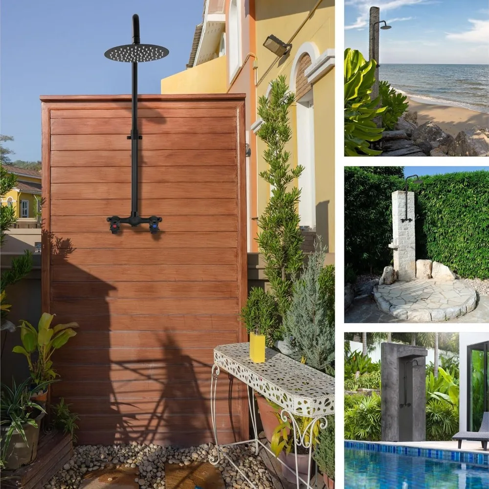 Outdoor Shower Kit Outdoor Shower Fixtures Faucet System Double Handle Exposed Shower with 8 Inch Rainfall Shower Head