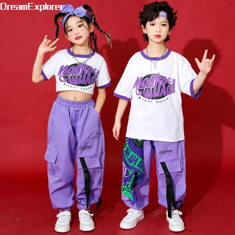 Girls Hip Hop Crop Top Purple Cargo Pants Boys T-shirt Street Dance Pink Joggers Children Streetwear Kids Jazz Tee Clothes Sets