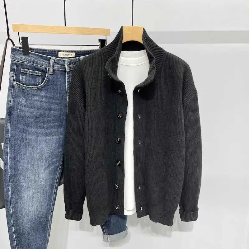 Retro Japanese Style Open Cardigan Sweater Men's Pure Color Knitwear Coat Stand Collar Trendy Lazy Style Winter Casual Wear