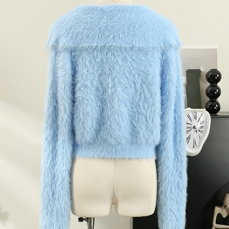 Female Outerwear Top Loose Zipper Sweater With Turn-down Collar Spring And Autumn Women's Versatile Fluffy Knitted Cardigan