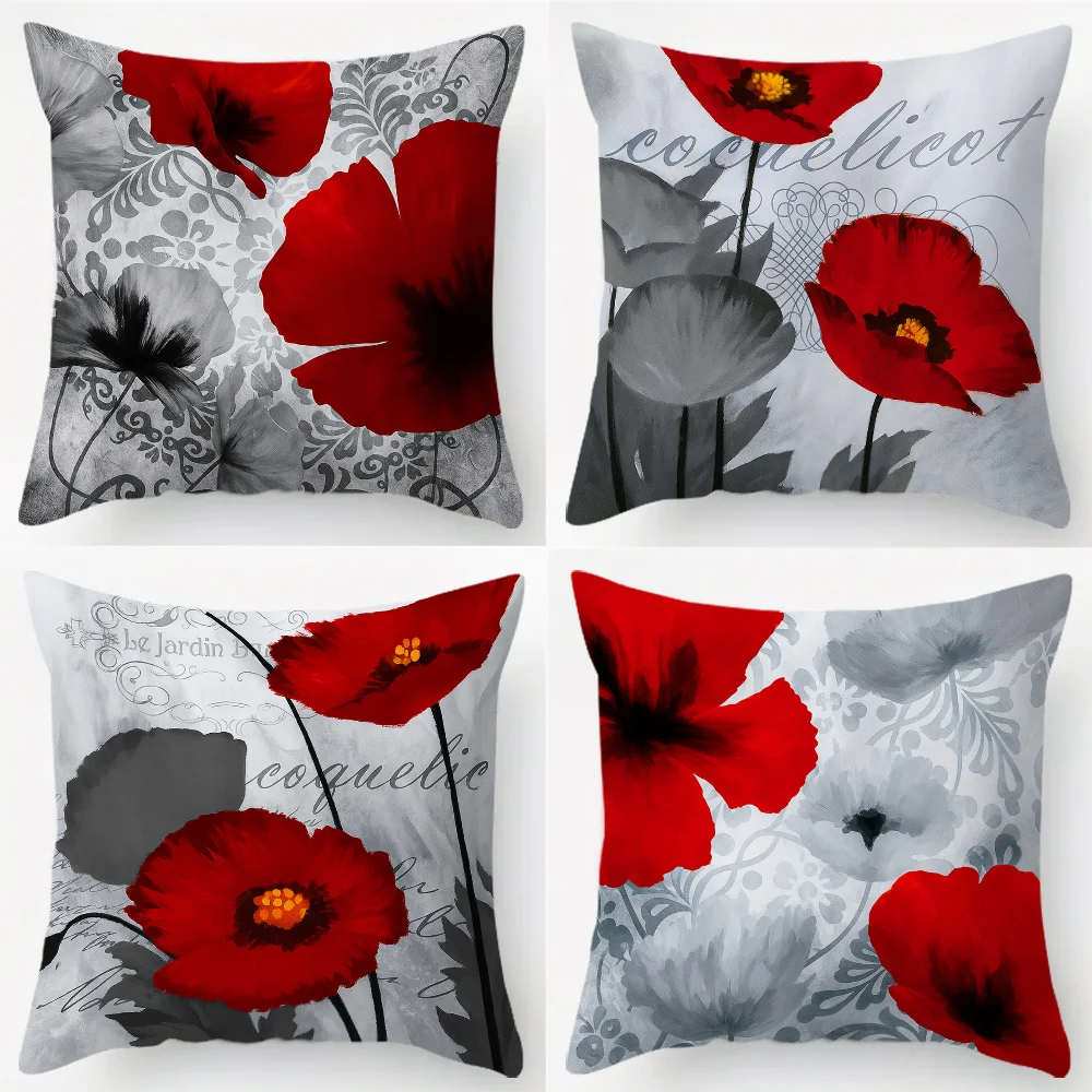 Decorative Set of 4 Poppies Floral Print Throw Pillow Covers Cushion Shams Vintage Aesthetic Cottagecore Home Decor Gift
