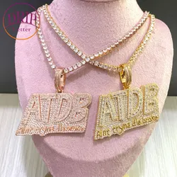 Drip Letter Iced Out Necklace for Men Prong Setting Pendant Cubic Zirconia Real Gold Plated Hip Hop Jewelry