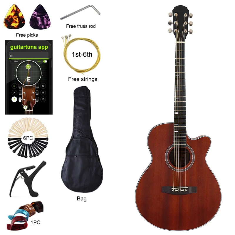 40 Inch Electric Acoustic Guitar 6 String Acoustic Guitar Full Okoume Wood  High Gloss Cutaway Design Folk Guitar with EQ