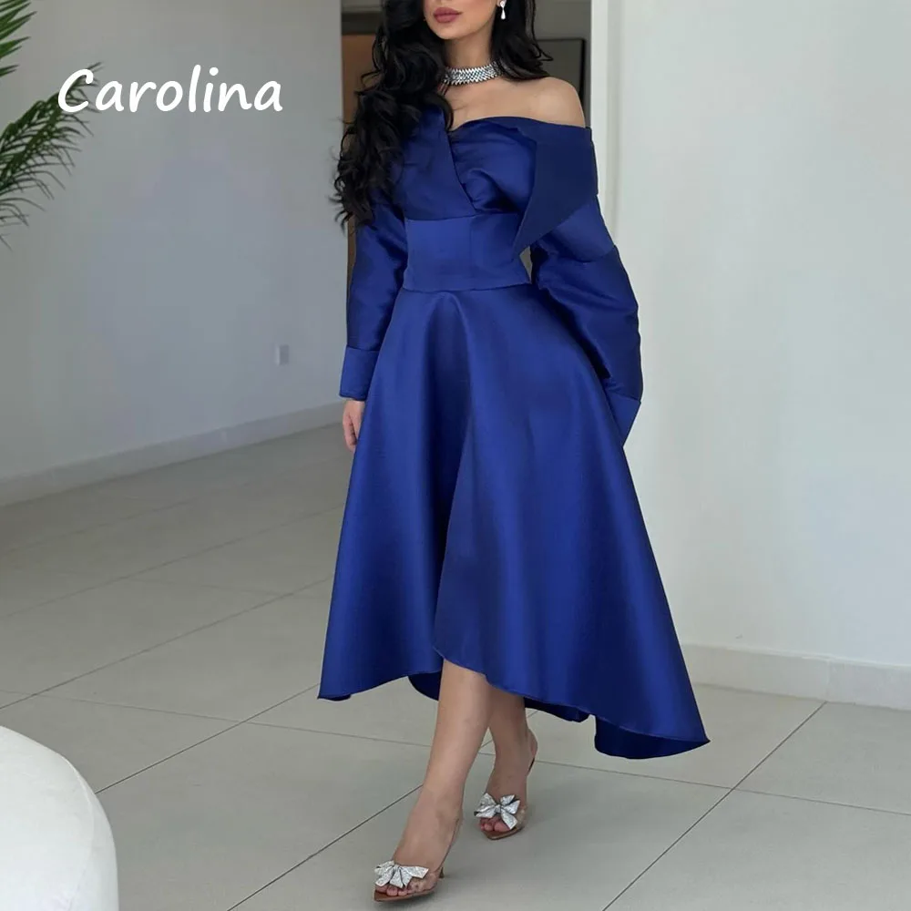 

Carolina Simple Blue V-Neck A-LINE Evening Dress Saudi Arabia 2024 Slim Satin Long Sleeve Ankle-Length Prom Dress Party Dress