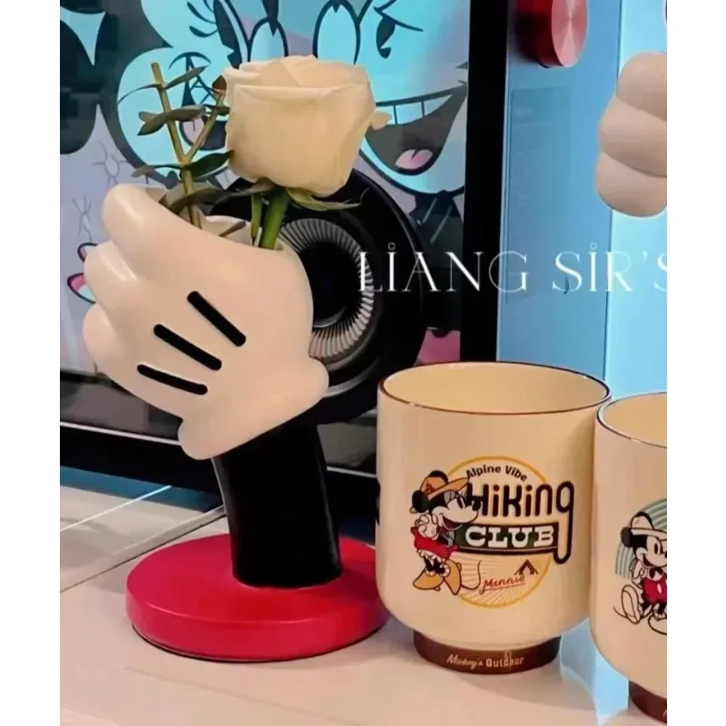 18 ซม.Mickey Mouse มือเรซิ่นรูปปั้นแจกันตกแต่งบ้าน Mickey Mouse ถุงมือชุดดอกไม้ของสะสมตกแต่ง