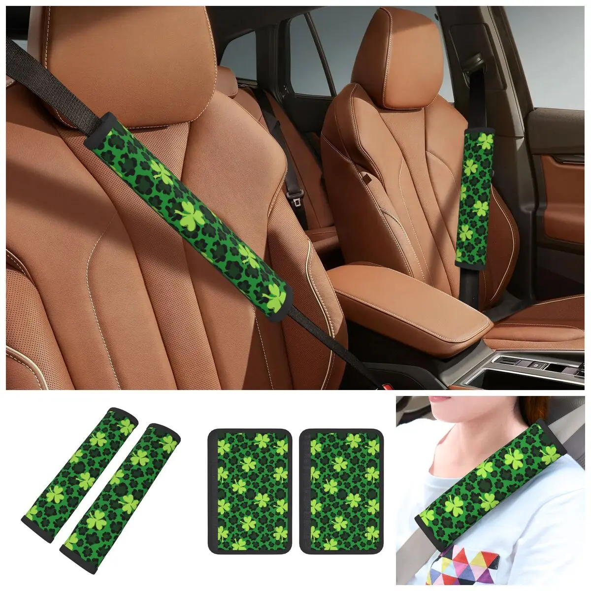 2 Pack Saint Patricks Day Four Leaf Clover Car Seat Belt Pads Comfy Strap Covers Leopard Print Automotive SeatBelt Cover