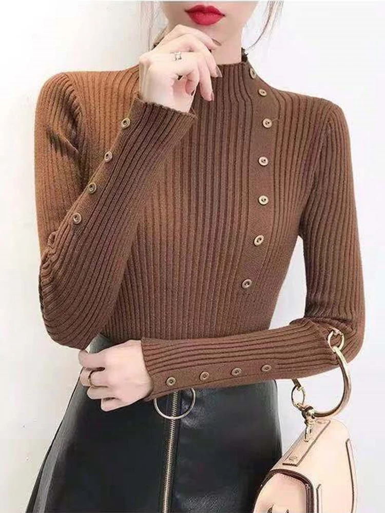 2024 Women Autumn Knitted Slim Sweaters Solid Knitted Female Cotton Soft Elastic Color Pullovers Button Full Sleeve Turtleneck