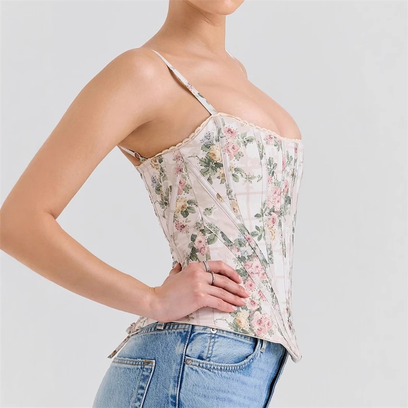 Summer Corset Top Women 2025 New Sexy Cropped Top Short Floral Print Lace Up Camis French Elegant Retro Lace Spliced Fit Slim