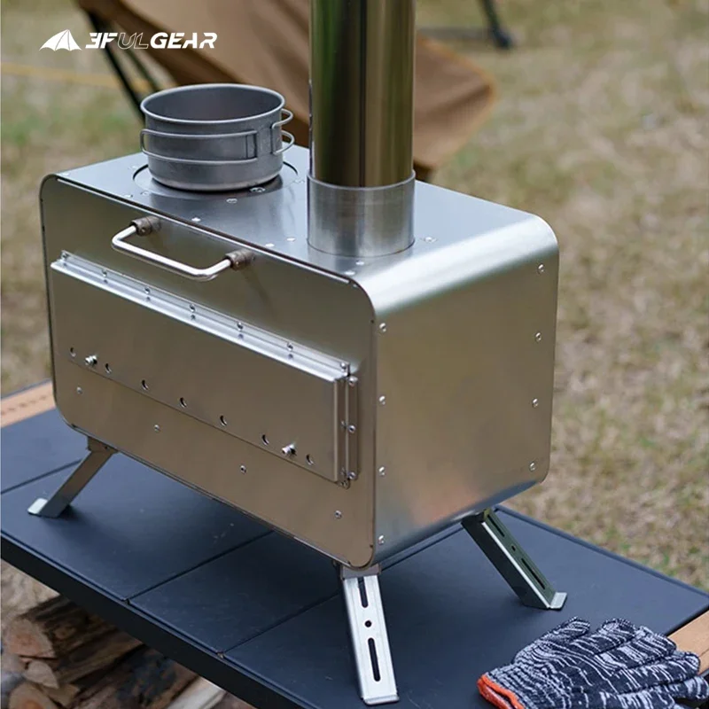 Calentador de leña para acampar con engranaje 3F, horno de leña con tubo de chimenea, cocina al aire libre, quemador de estufa de té de acero inoxidable 304