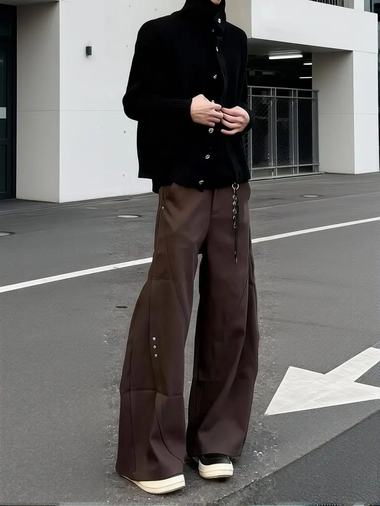 Y2k Streetwear Brown Baggy Pants Men Button Wide Leg Suit Pants Cleanfit Straight Long Curved Trouser Loose Casual