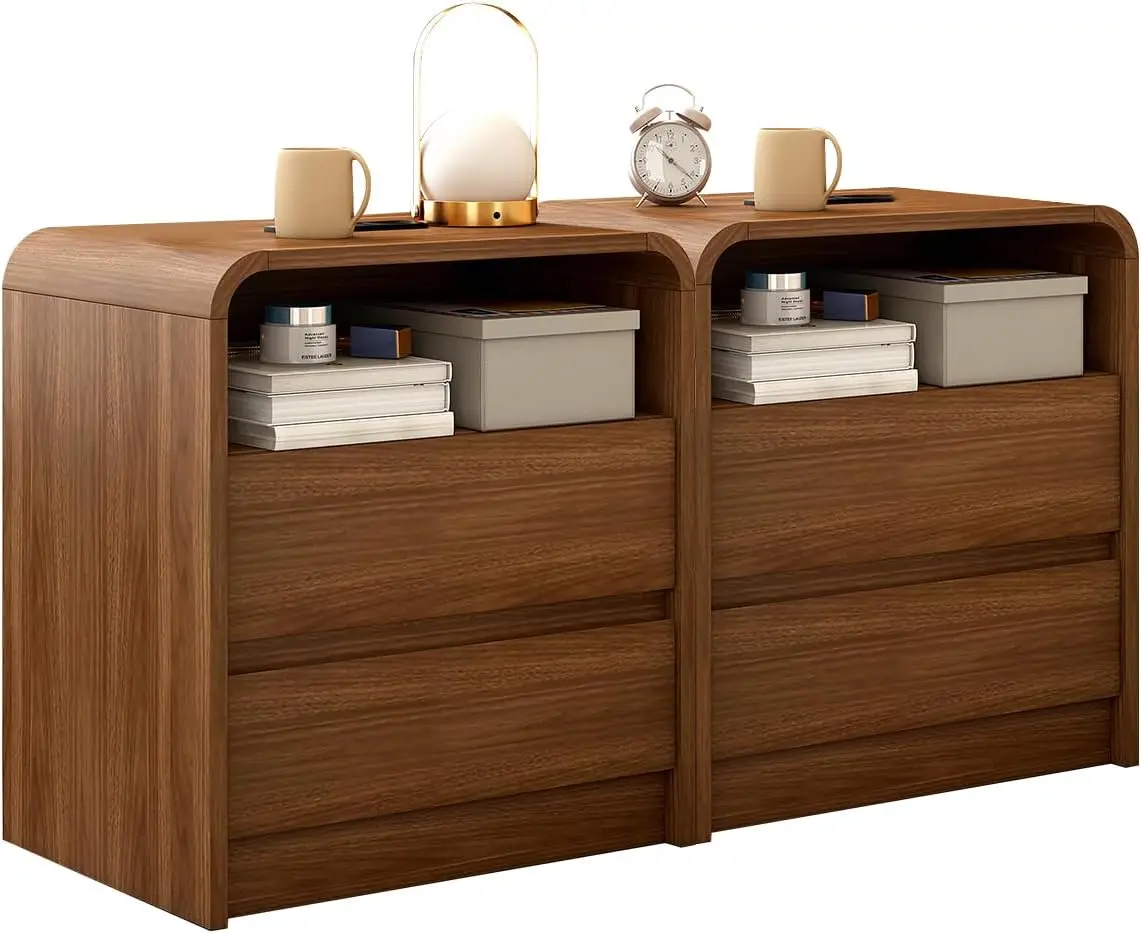 

Прикроватные тумбочки из орехового дерева, комплект из 2 штук с зарядной станцией, прикроватные тумбочки шириной 21 дюйм с ящиками, современные прикроватные столики для спальни