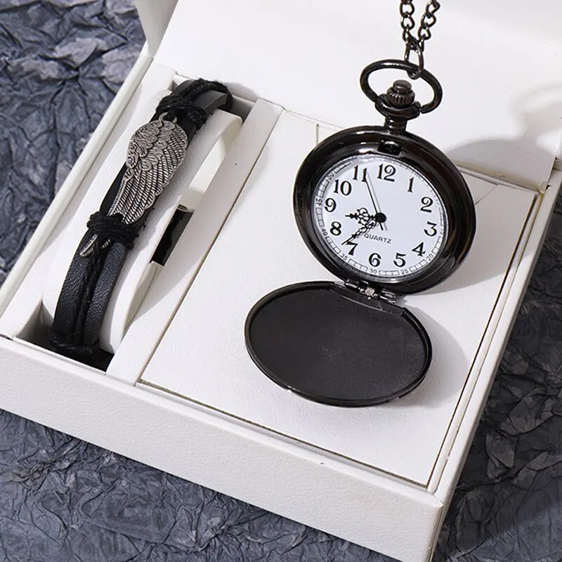 New Black Quartz Pocket Watch Retro Pocket Watch Pendant Necklace Pocket Watch Men Gift Leather Bracelet