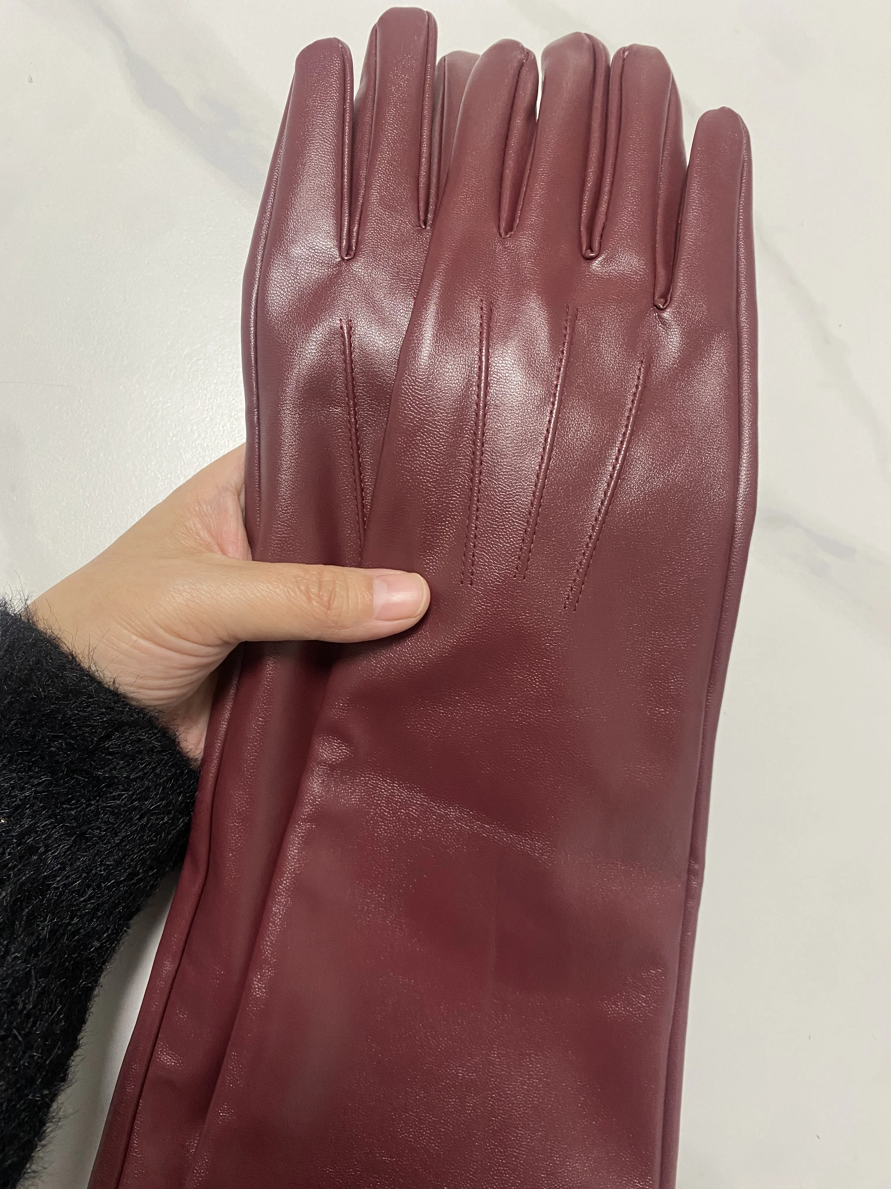 Women\'s Runway Fashion Wine Red PU Leather Long Glove Lady\'s Club Performance Formal Party Dancing Glove 50cm R1726