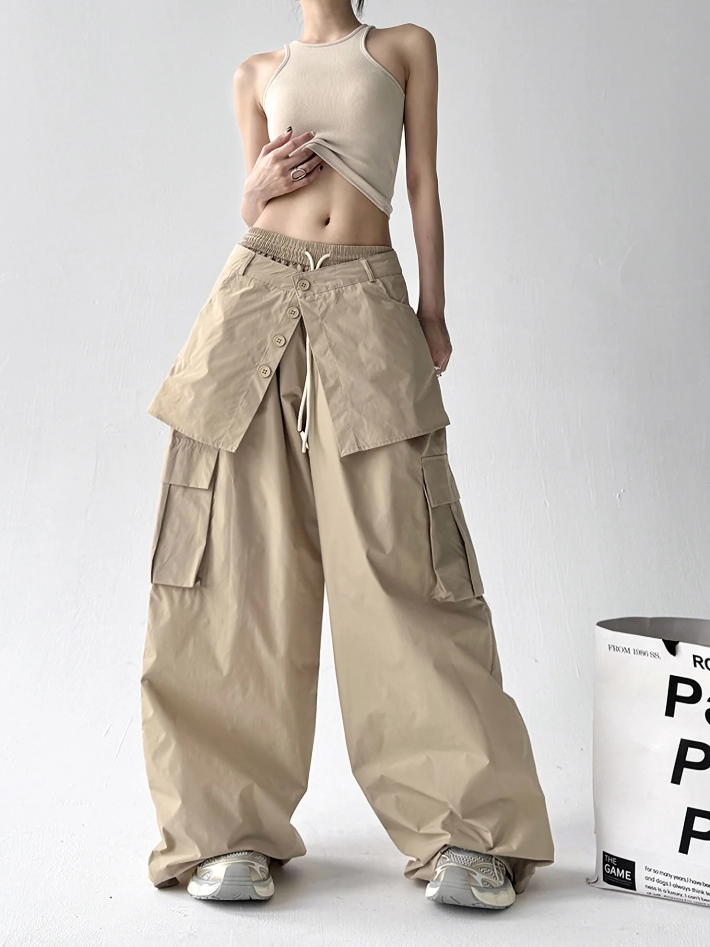 Retro Amerykańskie Spodnie Robocze z Wysokim Stanem Luźne Damskie Studenckie Casualowe Spodnie z Szerokimi Nogawkami Długie Letnie Nowe Mieszanka Poliestru i Bawełny