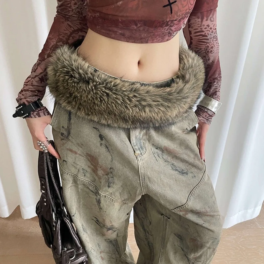 القوطية الشرير الرجعية حزام جلد Y2K مخيط يدويا الفراء حزام هوك إغلاق الجينز السراويل حزام المرأة موضة زنار ديكور #5