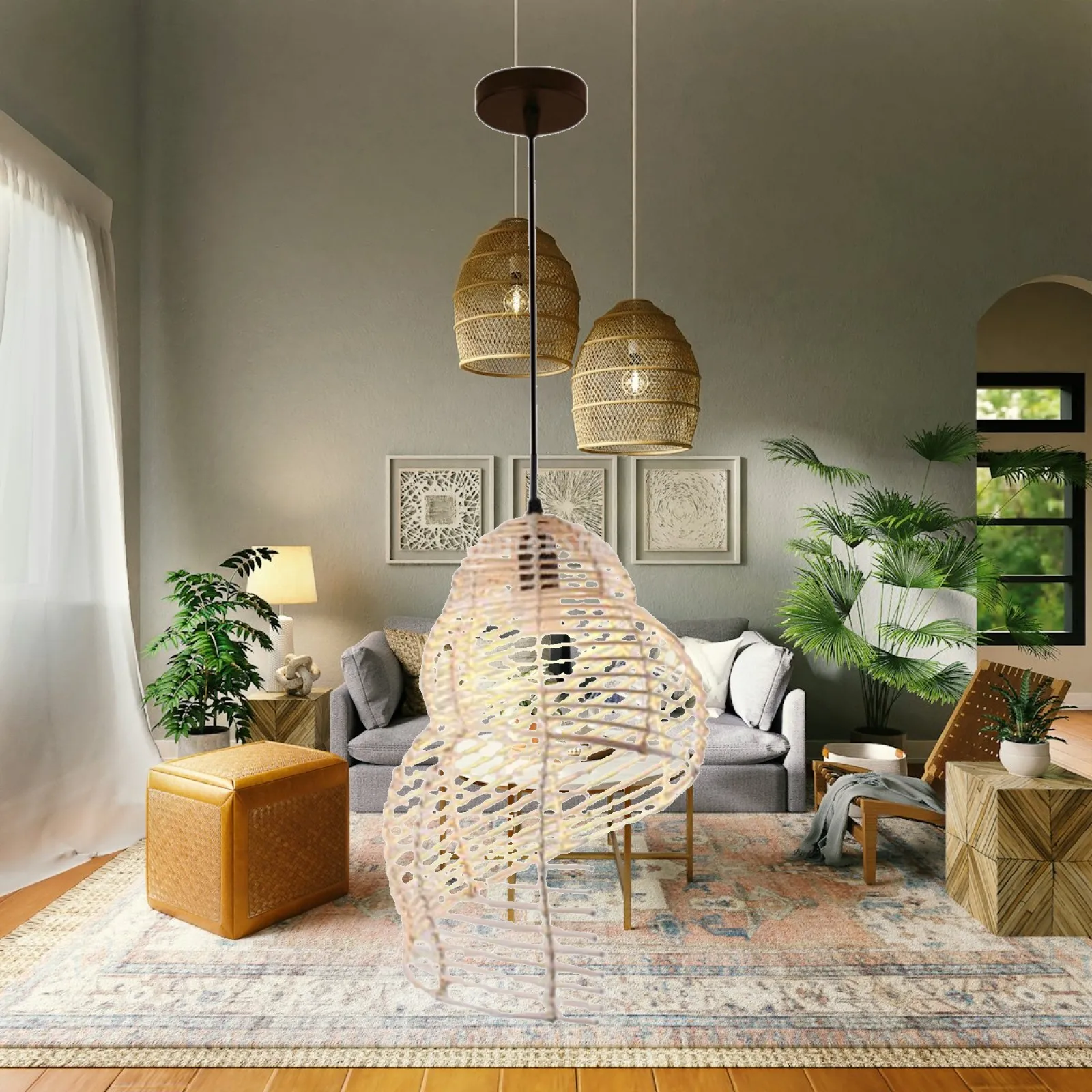 Natural Rattan Pendant Light Fixture Restaurant Corridor Tea Room Ceiling Lighting Hanging Lamp for Dining No Bulb