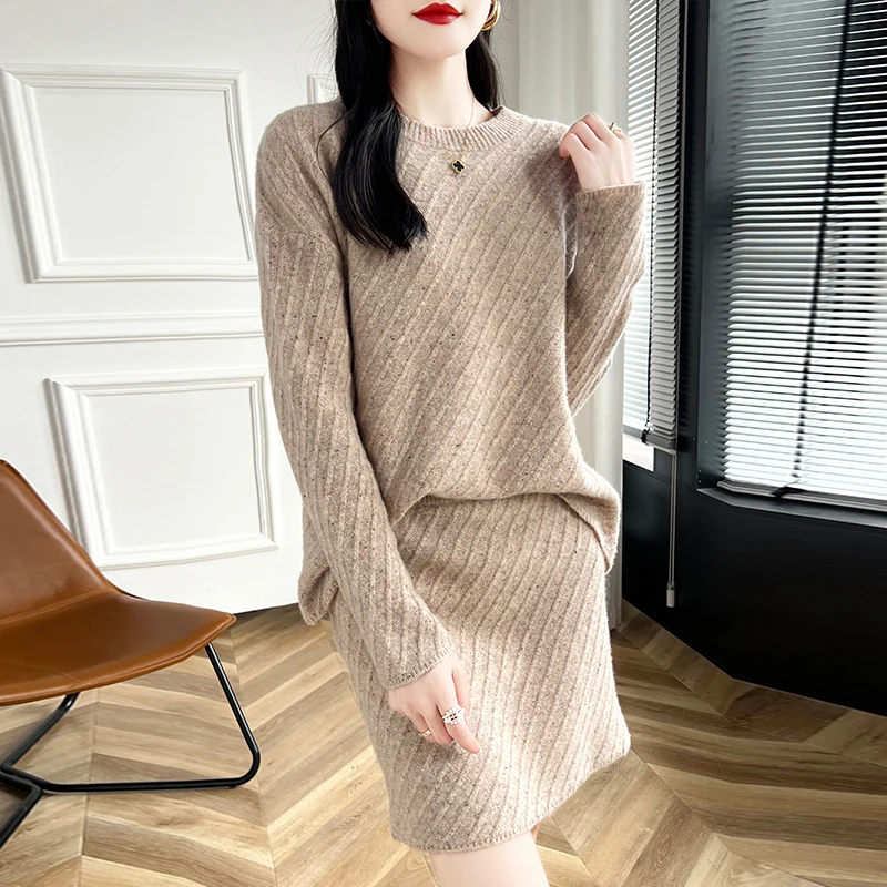 Autumn and winter 100% pure sweater skirt two-piece women's round neck long-sleeved wool loose cashmere sweater knit suit skirt