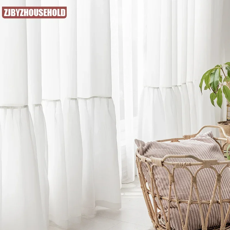 White Elegant Sheer Curtains for Living Room Bedroom Balcony Ruffled Voile Divider Window Treatments Tulle Minimalist Custom