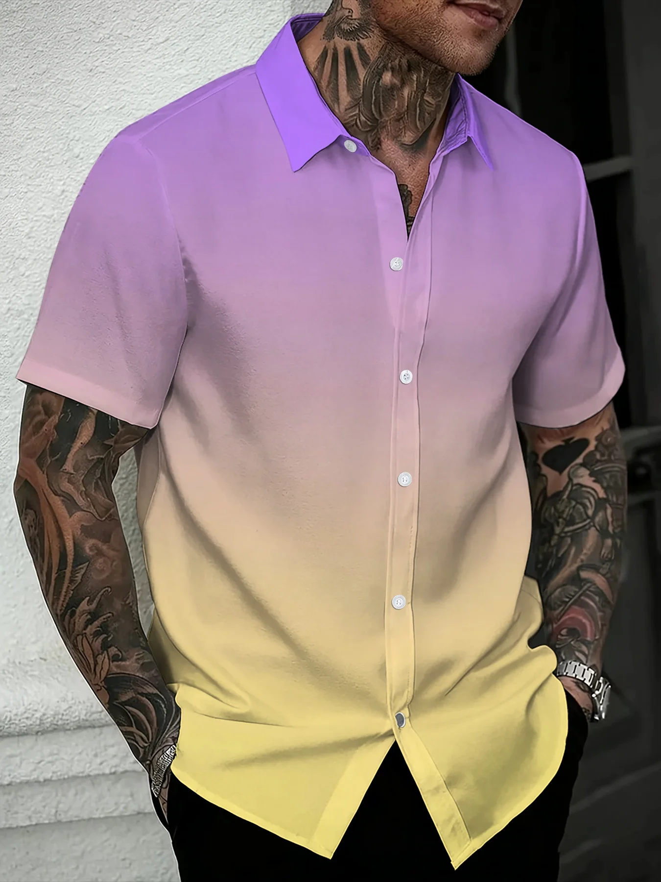 Smart Casual Pastel Ombre Men Short Sleeve Shirt Lavender to Yellow Gradient Lapel Button Shirts Daily Leisure Outfits