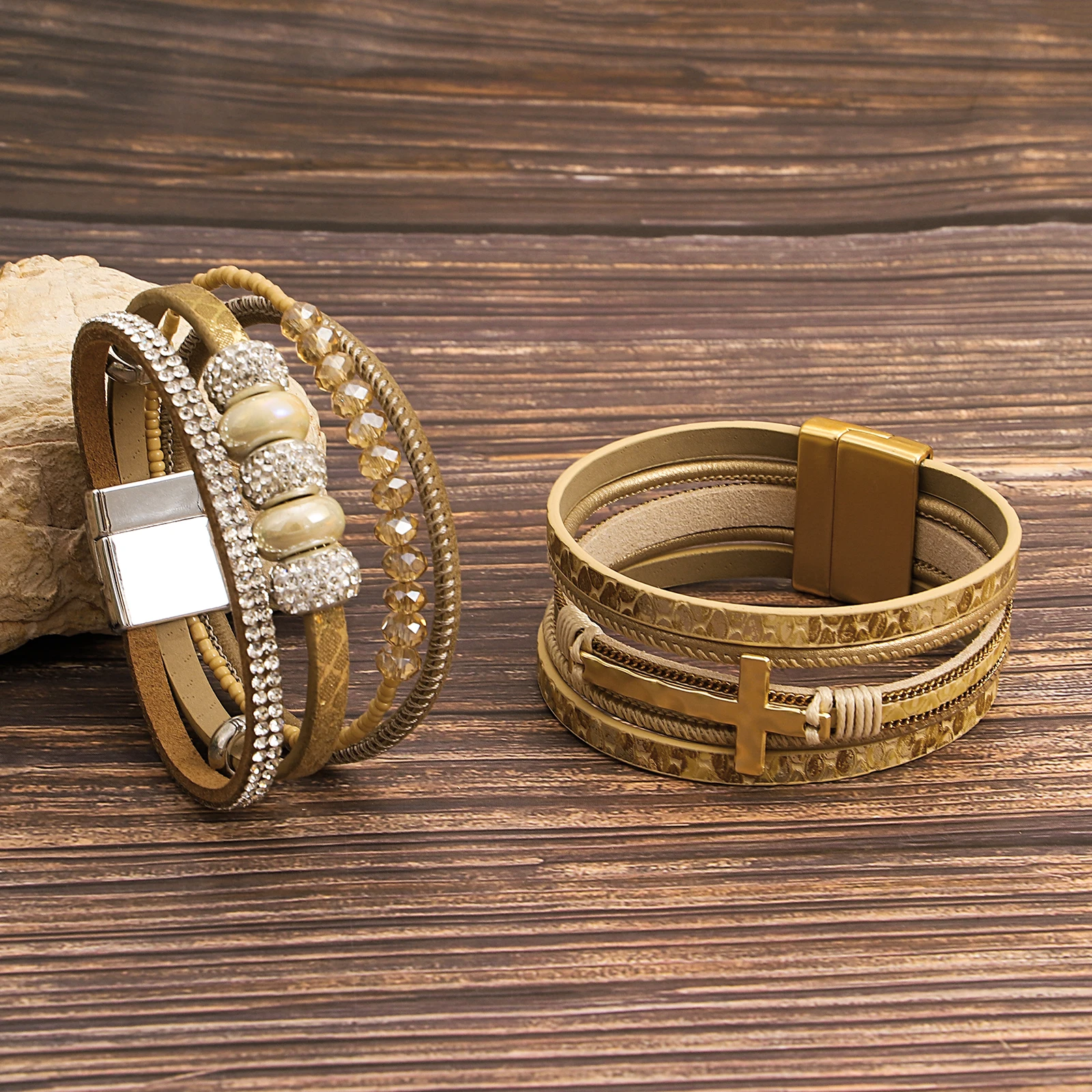 

Amorcome Luxurious Crystal Bead Chain Multilayer Leather Bracelet for Women Stackable Woven Bracelet Exquisite Jewelry Gift