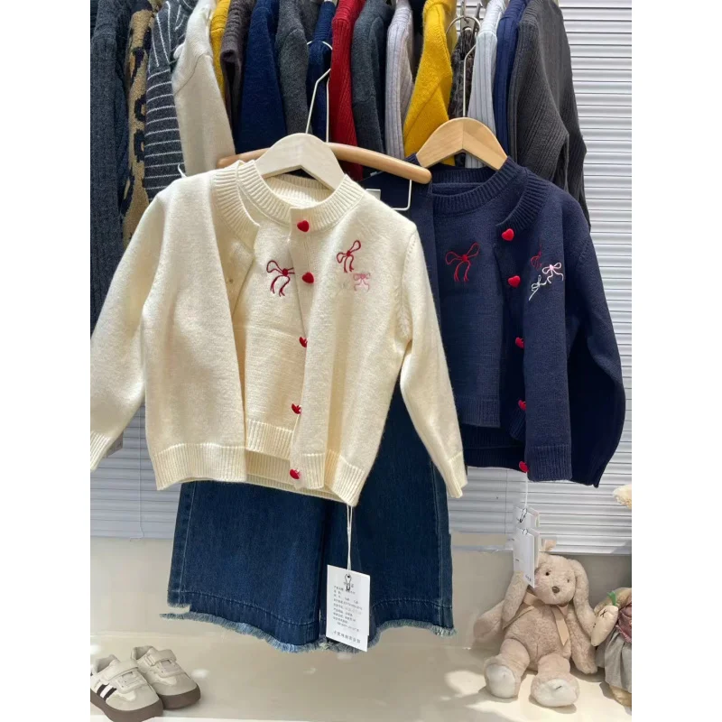 

Girls' Sweater Autumn Winter Style2025New Two-Piece Bow Sweater Knitted Top for Children Round Neck Warm Top