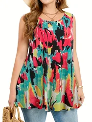 Plus Size Bohemian Casual Vest Women's Plus-Size Color Block Patchwork Print Stretch Vest For Spring & Summer Clothing