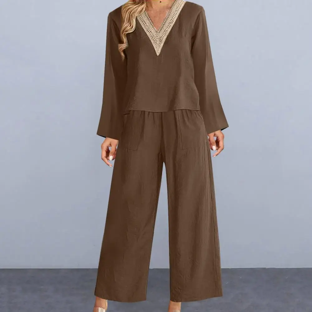 

2024 Casual Women Solid V Neck Women's Wide Leg Trousers Suit Solid Color Elegant 2-piece Set Top Wide Leg Pant Long Sleeve Suit