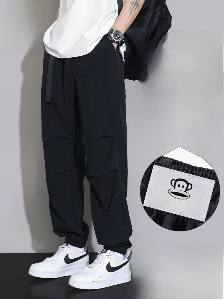 

PaulFrank Ice Silk Thin Work Pants Men's Summer 2025 American Bla Casual Loose Fit Trousers Youth Faion Elastic Waist