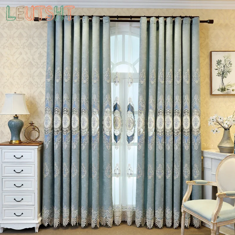 

New European-style Curtains Finished Two-color Chenille Atmosphere Villa Living Room Study Hollow Embroidered Curtain Fabric