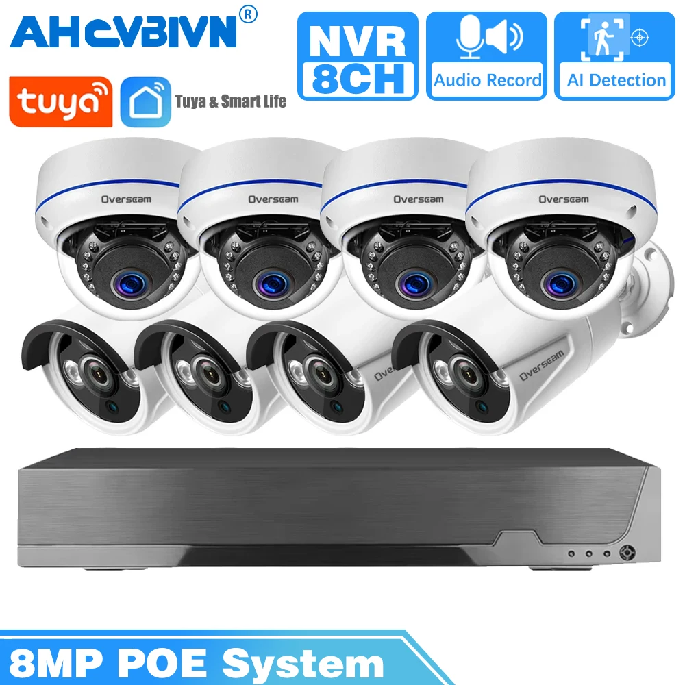 4K 8CH NVR Tuya Smart 8MP POE Network Surveillance IPCamera System Kit Outdoor Waterproof Audio CCTV IP Security Camera System