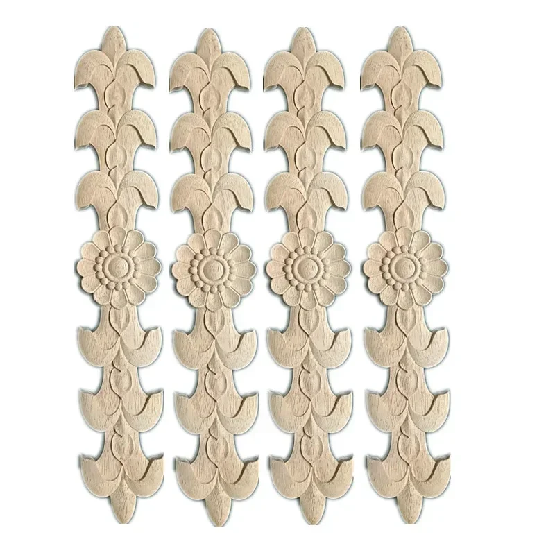 4PCS 16-48cm Unpainted Wood Oak Carved Wave Flower Onlay Decal Corner Applique Wooden for Home Decor Decoration